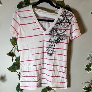 Fox White and Pink Striped V-Neck Tee